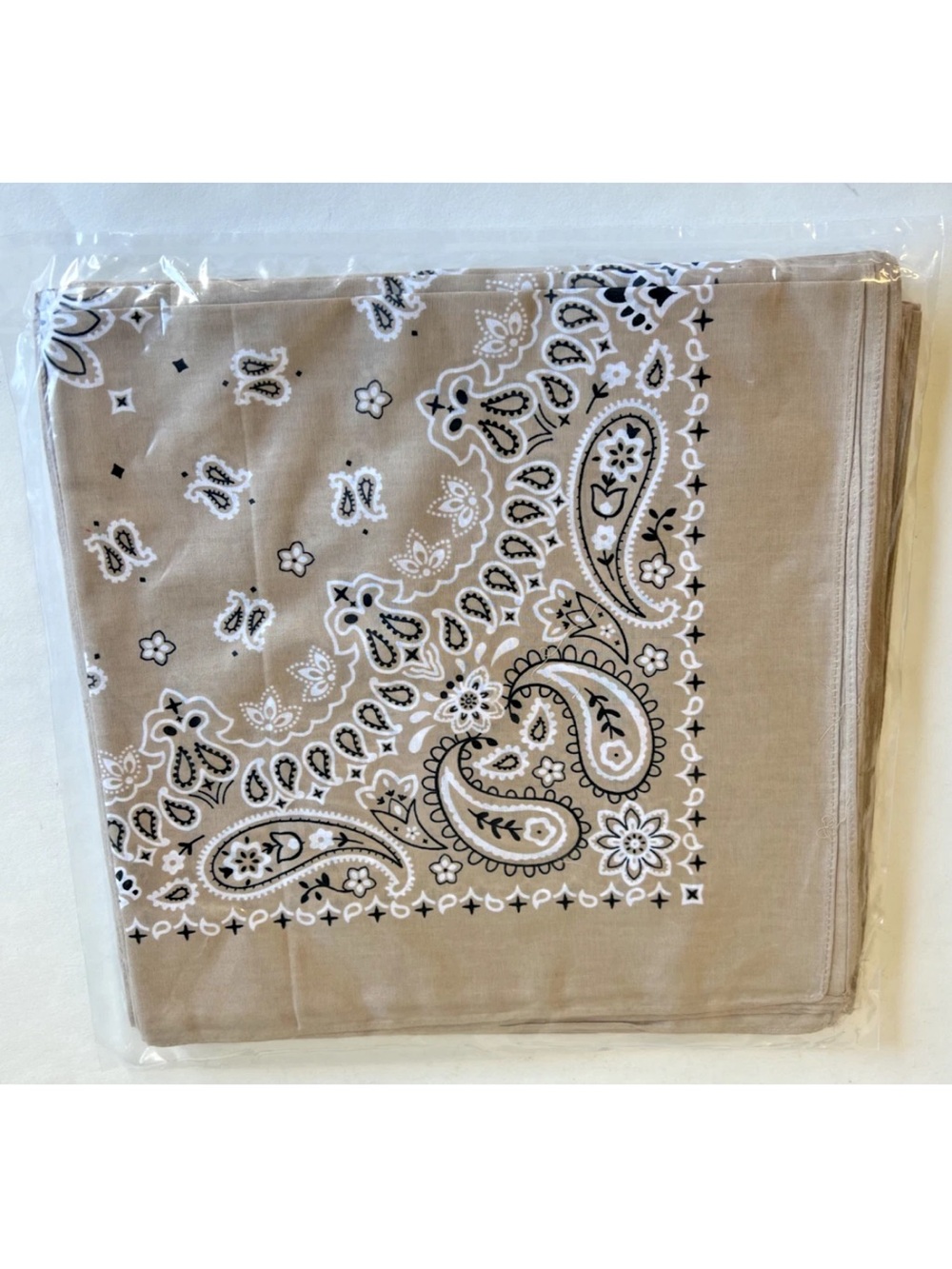 Set of 12 Beige Paisley Bandana Scarf - Neutral Beige with Black & White Print